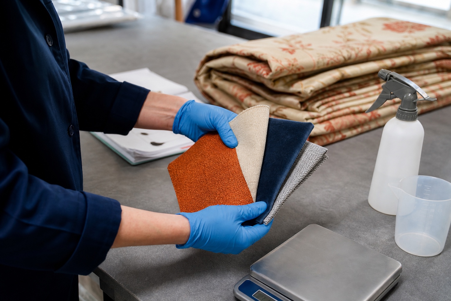 Specialist comparing curtain fabrics before fire-retardant treatment