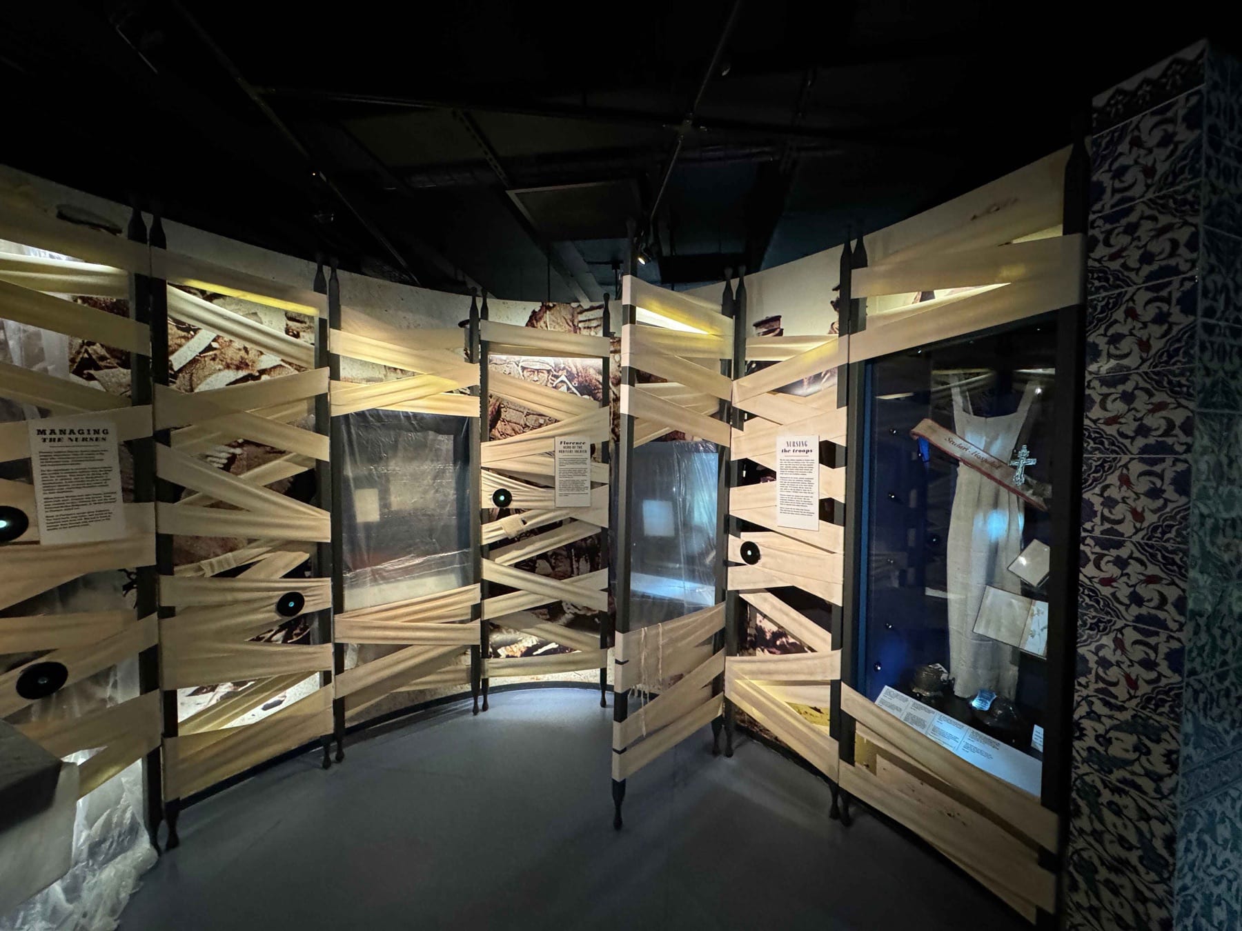 Fabric-covered display installation at the Florence Nightingale Museum