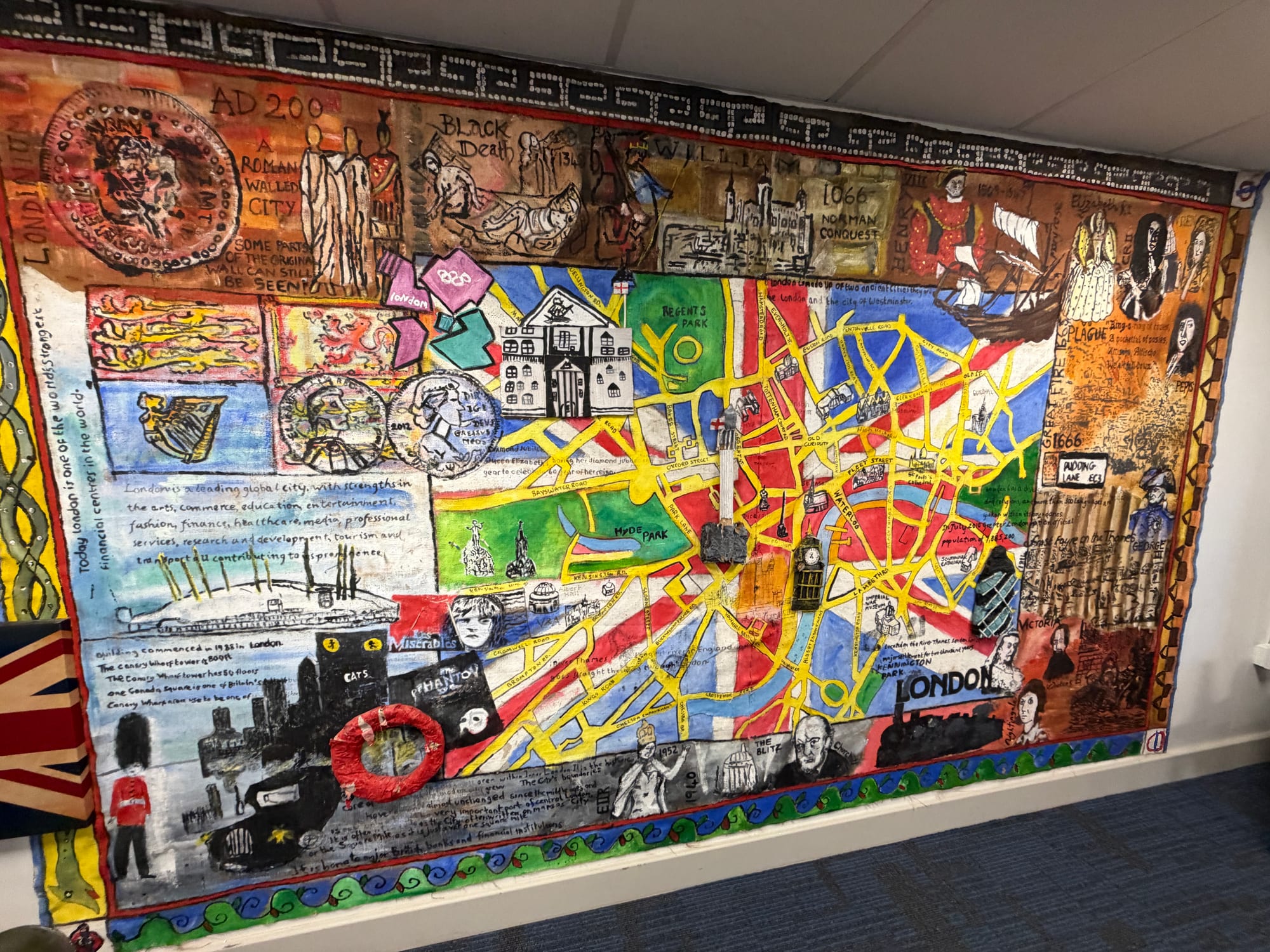 Large handmade textile wall artwork depicting the history and map of London