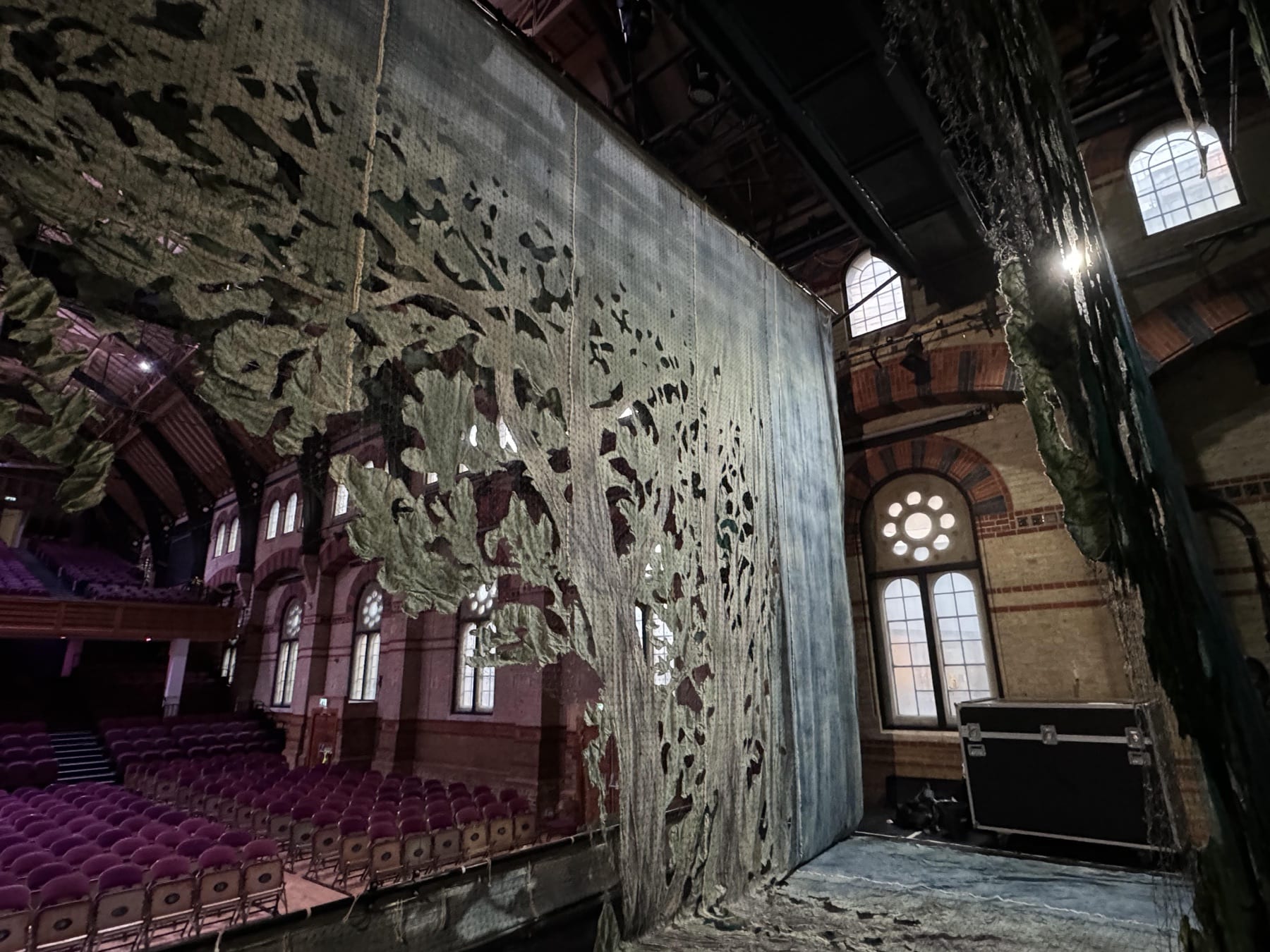 Large scenic fabric backdrop prepared for a Swan Lake production