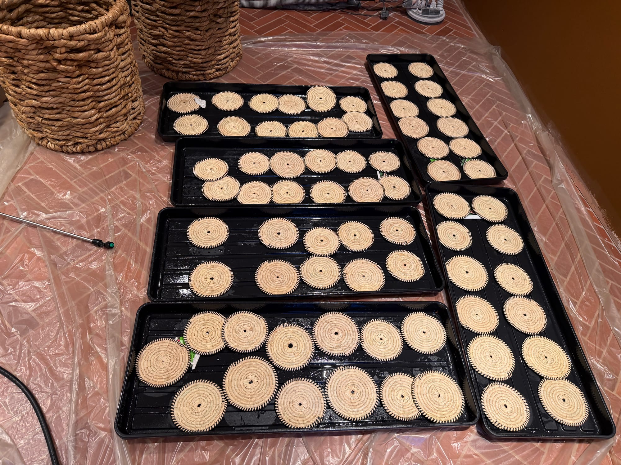 Woven grass discs laid out after fire-retardant treatment for a shop wall display
