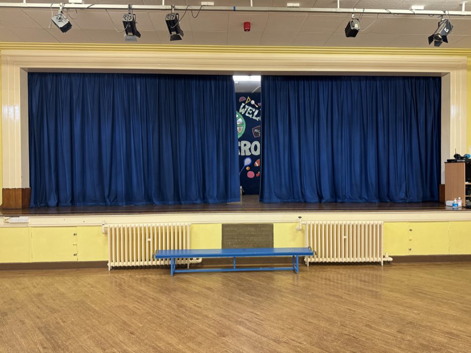 Blue school hall stage curtains